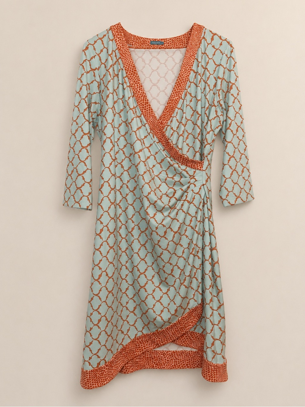 J. McLaughlin Catalina Cloth Faux Wrap Dress XL Aqua Orange Geometric 3/4 Sleeve